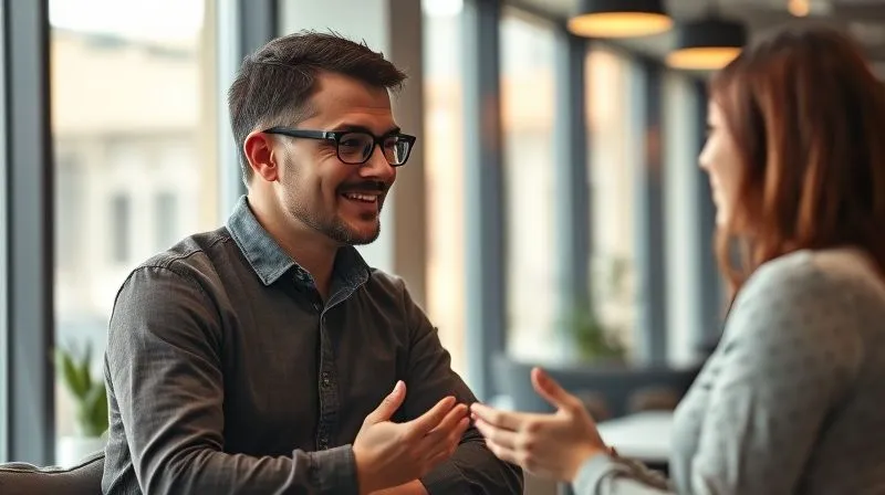 A photorealistic image of a leader engaging in a supportive conversation with a team member in a modern office, emphasizing empathy and psychological safety. The leader has an open, understanding posture, and the team member looks relieved and engaged. Soft, warm cinematic lighting, sharp focus on their interaction, depth of field, 8K, professional photography, shot on a high-end DSLR.