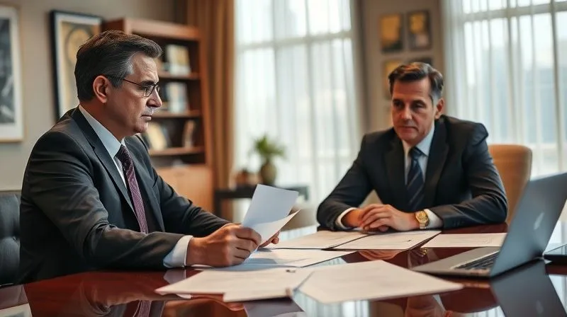 A photorealistic, professional photography shot of a serious, experienced franchise attorney in a well-appointed office, advising a concerned franchisee. Legal documents are spread on a large, polished desk. Cinematic lighting, sharp focus on the faces, depth of field blurring the background, 8K hyper-detailed. A photorealistic, professional photography shot of a serious, experienced franchise attorney in a well-appointed office, advising a concerned franchisee. Legal documents are spread on a large, polished desk. Cinematic lighting, sharp focus on the faces, depth of field blurring the background, 8K hyper-detailed.