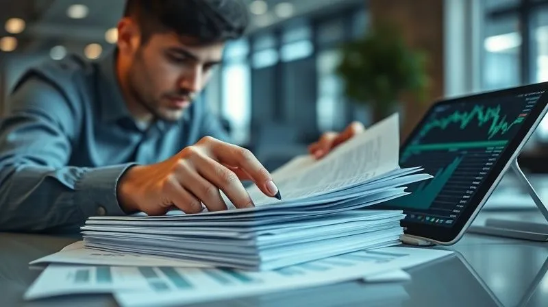 A photorealistic, professional photography shot of a focused individual meticulously reviewing a stack of documents, financial spreadsheets, and a tablet displaying market data. The setting is a modern office, emphasizing diligent research and careful consideration. Cinematic lighting, sharp focus on the documents, depth of field blurring the background, 8K hyper-detailed. A photorealistic, professional photography shot of a focused individual meticulously reviewing a stack of documents, financial spreadsheets, and a tablet displaying market data. The setting is a modern office, emphasizing diligent research and careful consideration. Cinematic lighting, sharp focus on the documents, depth of field blurring the background, 8K hyper-detailed.