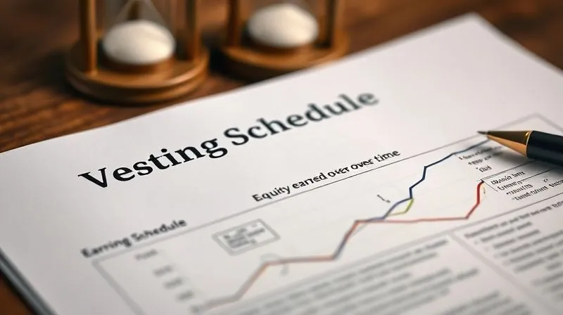 photorealistic, professional photography, 8K, cinematic lighting, sharp focus, depth of field, shot on a high-end DSLR. A close-up of a legal document page with 'Vesting Schedule' as a prominent heading, showing a clear, linear graph illustrating equity earned over time. A subtle, antique hourglass is visible in the background, symbolizing the passage of time and earned commitment.