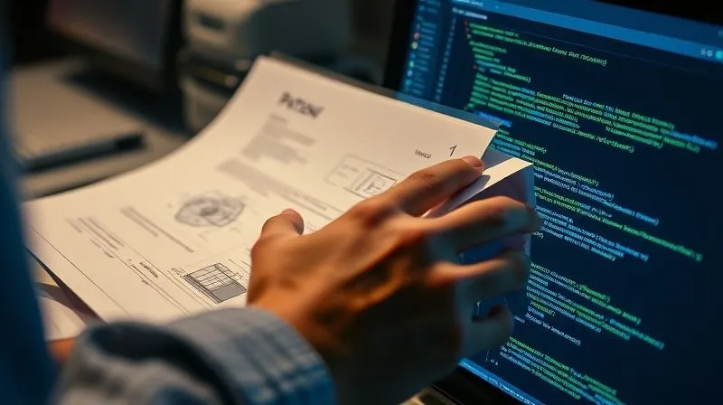 photorealistic, professional photography, 8K, cinematic lighting, sharp focus, depth of field, shot on a high-end DSLR. A close-up of a hand meticulously organizing a series of digital and physical documents related to intellectual property, including a patent application, a design sketch, and source code on a screen. The lighting is focused, highlighting the precision and importance of documentation.