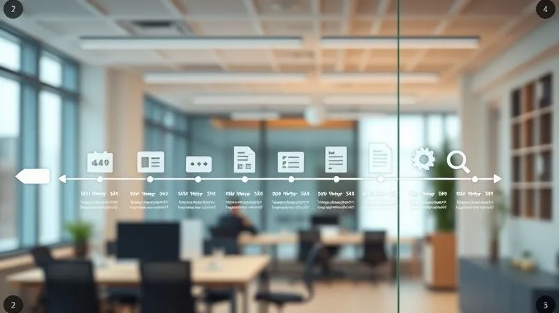 photorealistic, professional photography, 8K, cinematic lighting, sharp focus, depth of field, shot on a high-end DSLR. A timeline graphic displayed on a clear glass board in a modern office, showing milestones for a startup's legal framework review, with documents and gears subtly integrated, symbolizing continuous adaptation and legal foresight.