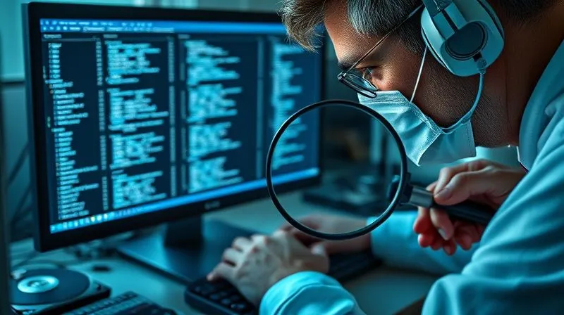photorealistic, professional photography, 8K, cinematic lighting, sharp focus, depth of field, a forensic IT expert meticulously examining a computer screen displaying complex data logs, surrounded by hard drives and network cables, a magnifying glass held over a crucial piece of digital evidence, conveying intense investigation and data recovery.