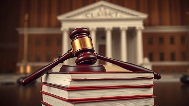 photorealistic, professional photography, 8K, cinematic lighting, sharp focus, depth of field, a gavel resting on a stack of legal texts, with a blurred image of a courthouse in the background, conveying the solemnity and authority of the legal system, a sense of justice being pursued.