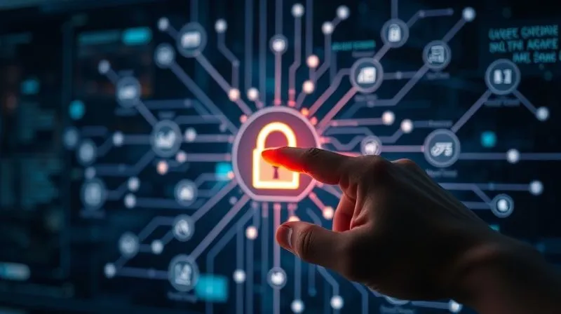 photorealistic, professional photography, 8K, cinematic lighting, sharp focus, depth of field, a complex digital network security diagram glowing on a transparent screen, with a hand pointing to a 'firewall' or 'access control' node, representing proactive cybersecurity and intellectual property protection strategies.
