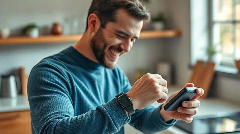 A photorealistic, professional photography shot of a person happily using a product (e.g., wearing a watch, using a kitchen gadget) in a natural, aspirational setting. Cinematic lighting, sharp focus on the product and user interaction, depth of field blurring the background, 8K hyper-detailed, shot on a high-end DSLR.