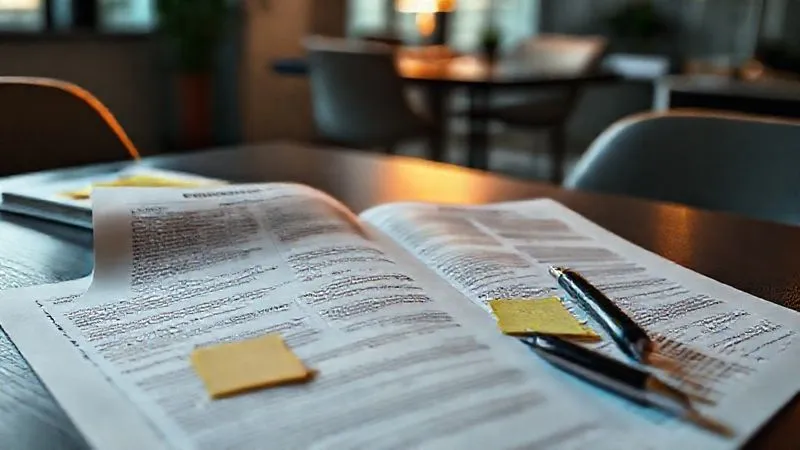 A photorealistic, professional photograph of an open Franchise Disclosure Document (FDD) spread across a dark wooden table, with various sections highlighted by sticky notes and a pen resting beside it. The scene is lit with warm, cinematic lighting, emphasizing the details of the text and paper texture. Sharp focus on the FDD, depth of field blurring a subtle background of a modern office. 8K hyper-detailed. A photorealistic, professional photograph of an open Franchise Disclosure Document (FDD) spread across a dark wooden table, with various sections highlighted by sticky notes and a pen resting beside it. The scene is lit with warm, cinematic lighting, emphasizing the details of the text and paper texture. Sharp focus on the FDD, depth of field blurring a subtle background of a modern office. 8K hyper-detailed.