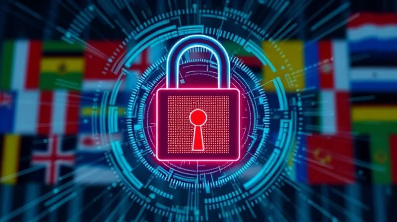 A photorealistic image of a digital lock and key icon surrounded by swirling lines of code, representing data security and privacy, with a blurred background of international flags, professional photography, 8K, cinematic lighting, sharp focus, depth of field. A photorealistic image of a digital lock and key icon surrounded by swirling lines of code, representing data security and privacy, with a blurred background of international flags, professional photography, 8K, cinematic lighting, sharp focus, depth of field.