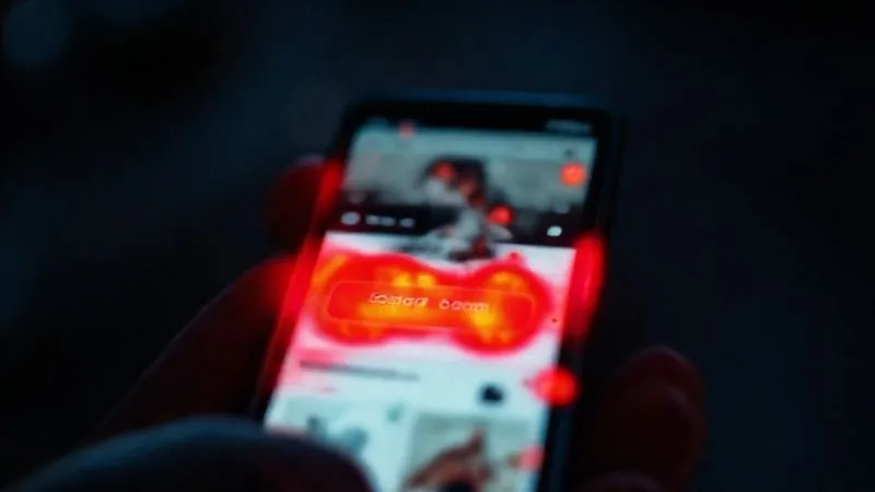 photorealistic, professional photography, 8K, cinematic lighting, sharp focus, depth of field, shot on a high-end DSLR. A smartphone screen displaying a vibrant heatmap overlay on an e-commerce product page, with red hot spots around the 'Add to Cart' button and product images, and cooler areas on less engaged elements, indicating user interaction patterns.