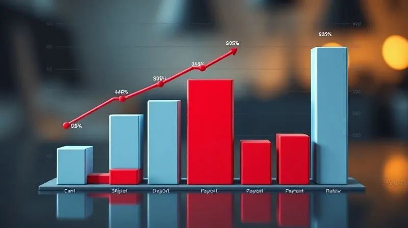 A photorealistic 3D bar chart showing typical e-commerce funnel drop-off rates at different stages (cart, shipping, payment, review), with a clear red bar indicating a high drop-off at a specific point. Professional photography, 8K, cinematic lighting, sharp focus on the charts, depth of field blurring the background, shot on a high-end DSLR.