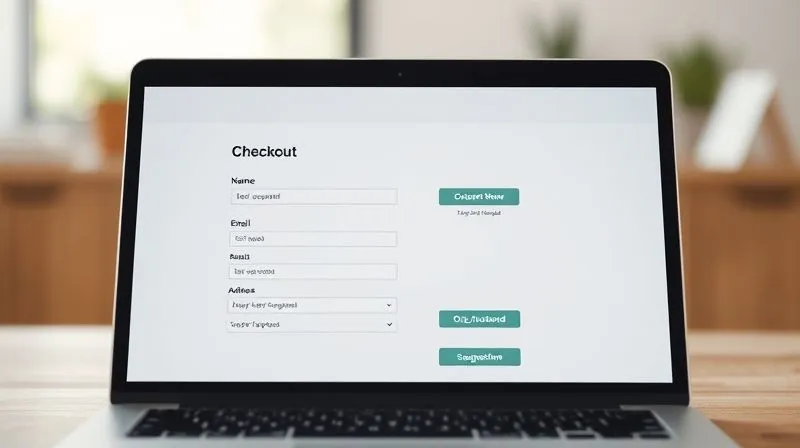 A photorealistic image of a minimalist, clean e-commerce checkout form on a laptop screen, showing only essential fields like name, email, and address, with clear, concise labels and auto-fill suggestions. Professional photography, 8K, cinematic lighting, sharp focus on the form, depth of field blurring the background, shot on a high-end DSLR.
