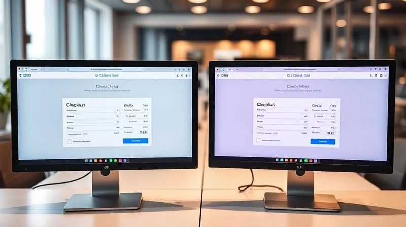 A photorealistic image of two distinct versions of a checkout page (A and B) displayed side-by-side on separate monitor screens, with subtle differences highlighted by a glowing effect, implying comparison and testing. Professional photography, 8K, cinematic lighting, sharp focus on the screens, depth of field blurring the surrounding office environment, shot on a high-end DSLR.
