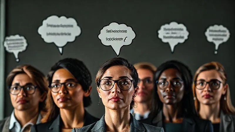 A photorealistic, professional photography, 8K, cinematic lighting, sharp focus, depth of field, shot on a high-end DSLR, depicting a diverse group of professional individuals, each with a thought bubble above their head showing a different question or problem related to business, illustrating thorough audience research and persona development.