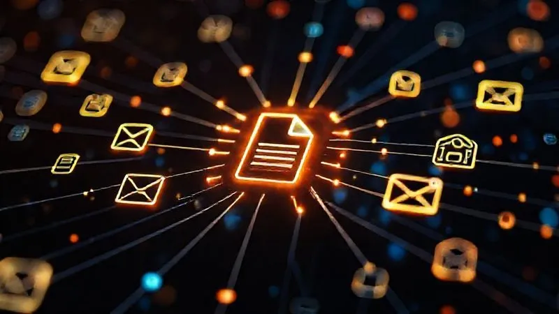 A photorealistic, professional photography, 8K, cinematic lighting, sharp focus, depth of field, shot on a high-end DSLR, depicting a network of glowing digital lines connecting various icons representing social media, email, news publications, and websites, all radiating from a central document icon, symbolizing content distribution and promotion.