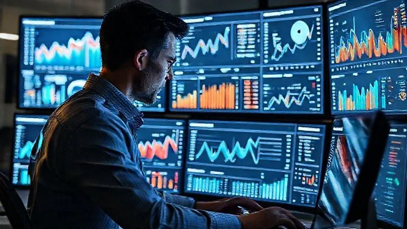 A photorealistic, professional photography, 8K, cinematic lighting, sharp focus, depth of field, shot on a high-end DSLR, depicting a sophisticated analytics dashboard on multiple screens, displaying various charts and graphs related to website traffic, keyword rankings, and user behavior, with a focused professional analyzing the data.