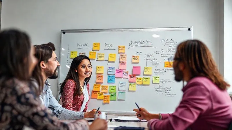 A photorealistic image of a diverse remote team collaboratively brainstorming on a virtual whiteboard, with different colored sticky notes representing risks and solutions. The atmosphere is focused and proactive, with digital lines connecting ideas. Cinematic lighting, 8K, sharp focus on the whiteboard, depth of field blurring the background, shot on a high-end DSLR.