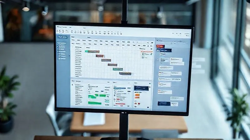 A photorealistic overhead shot of a diverse remote team's project dashboard in Asana, displayed on a large monitor. The dashboard shows a Gantt chart with tasks, dependencies, and progress bars, alongside a Kanban board with tasks moving through stages. Cinematic lighting highlights the clarity and organization of the digital workspace, 8K, sharp focus, depth of field blurring a modern office background, shot on a high-end DSLR.
