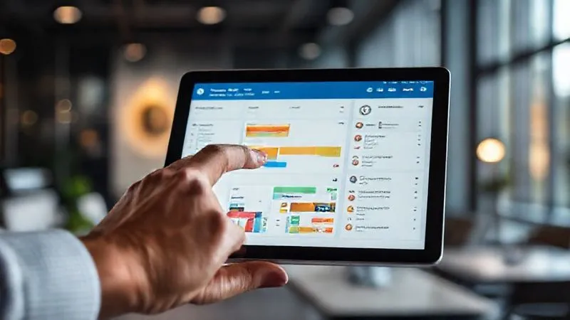 A photorealistic close-up of a hand interacting with a tablet displaying a highly customized ClickUp dashboard. The screen shows various widgets including a Kanban board, a Gantt chart, and a task list, all color-coded and organized. Cinematic lighting, 8K, sharp focus on the tablet screen and hand, depth of field blurring a modern office setting, shot on a high-end DSLR.
