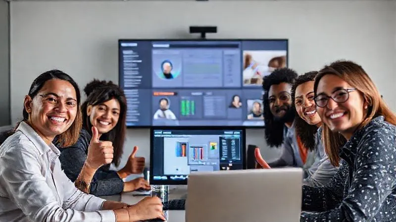 A photorealistic image of a diverse group of remote professionals smiling and giving a thumbs-up during a video conference call, with a celebratory atmosphere. Their screens show a well-organized project dashboard in the background. Cinematic lighting, 8K, sharp focus on the faces, depth of field blurring the screens, shot on a high-end DSLR.