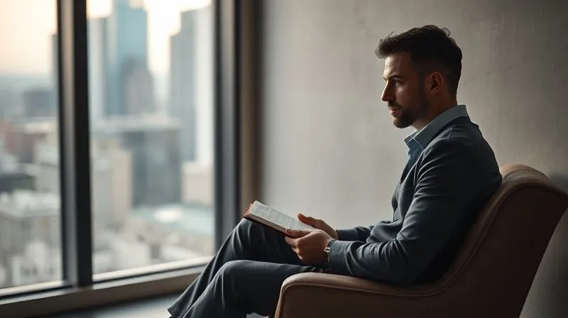 A photorealistic, professional photography, 8K, cinematic lighting, sharp focus, depth of field, shot on a high-end DSLR, showing a pensive entrepreneur sitting alone in a quiet, softly lit room, holding a journal, with a blurred cityscape visible through a window, symbolizing introspection and emotional processing after a business setback.