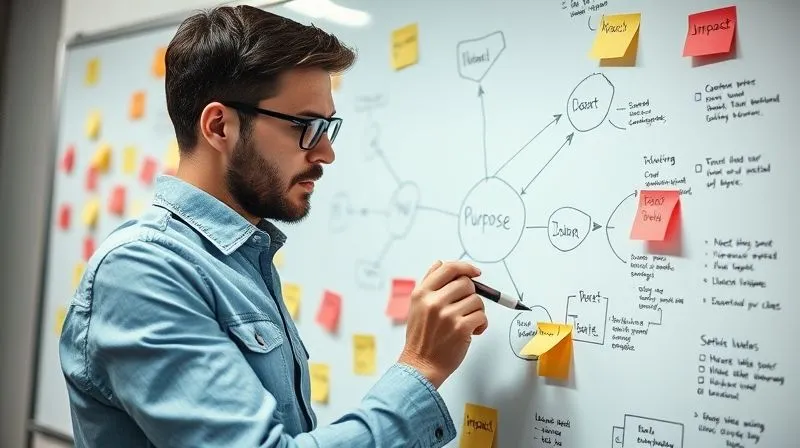 A photorealistic, professional photography, 8K, cinematic lighting, sharp focus, depth of field, shot on a high-end DSLR, showing an entrepreneur sketching ideas and mind maps on a large whiteboard, surrounded by sticky notes with keywords like 'Purpose,' 'Impact,' and 'Values,' symbolizing the process of redefining their 'why' and core motivations.