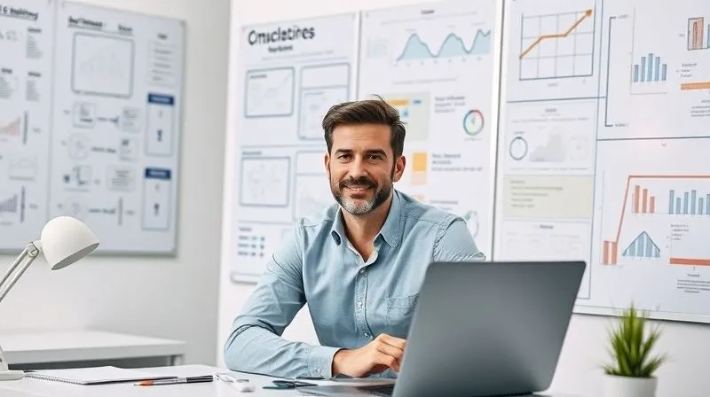 A photorealistic, professional photography, 8K, cinematic lighting, sharp focus, depth of field, shot on a high-end DSLR, depicting an entrepreneur at a clean, modern desk, surrounded by whiteboards covered in strategic diagrams, flowcharts, and market analyses, with a focused expression, symbolizing meticulous planning and a fresh approach to a new venture.