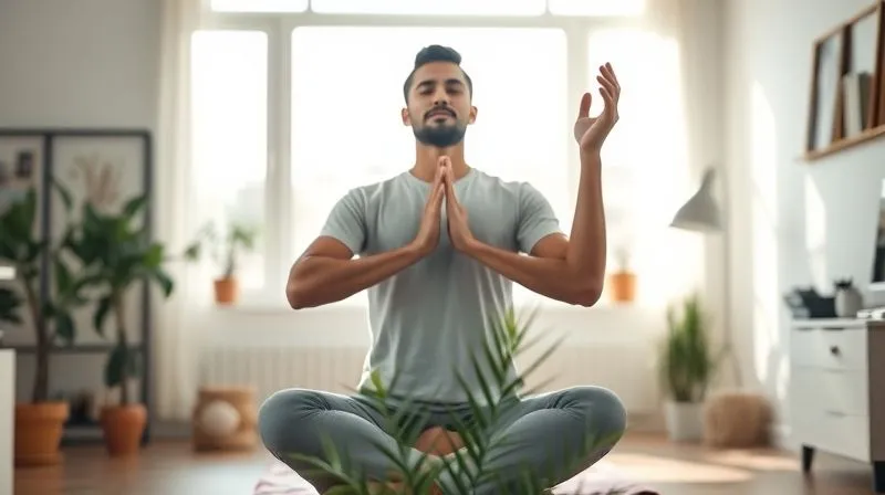 A photorealistic, professional photography, 8K, cinematic lighting, sharp focus, depth of field, shot on a high-end DSLR, showing an entrepreneur engaged in a mindful activity like yoga or deep breathing exercises in a sunlit, minimalist home office, with a subtle plant in the foreground, emphasizing mental well-being and self-care amidst a busy life.