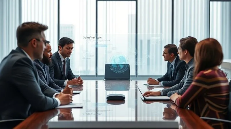 A photorealistic image of a diverse team of business leaders in a modern boardroom, engaged in an intense but collaborative discussion around a large holographic display showing complex strategic plans. Cinematic lighting, sharp focus on the leaders and the holographic projection, depth of field blurring the background, 8K hyper-detailed, professional photography, shot on a high-end DSLR. A photorealistic image of a diverse team of business leaders in a modern boardroom, engaged in an intense but collaborative discussion around a large holographic display showing complex strategic plans. Cinematic lighting, sharp focus on the leaders and the holographic projection, depth of field blurring the background, 8K hyper-detailed, professional photography, shot on a high-end DSLR.