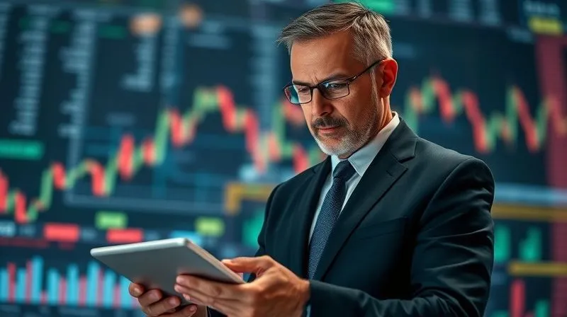 A photorealistic image of a business person calmly assessing a complex financial dashboard on a tablet amidst a subtly chaotic background of blurred market graphs. The person's expression is serious but composed, indicating focused damage control. Professional photography, 8K, cinematic lighting, sharp focus on the tablet and face, depth of field, shot on a high-end DSLR.