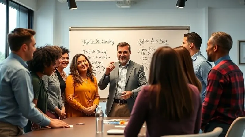 A photorealistic image of a diverse business team in a modern office, gathered around a whiteboard, actively collaborating and brainstorming with positive energy. The leader, at the center, is listening intently, fostering an environment of trust and open communication. Professional photography, 8K, cinematic lighting, sharp focus on the team's engaged faces, depth of field, shot on a high-end DSLR.