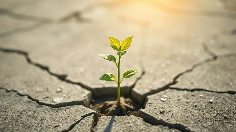 A photorealistic image of a lone, resilient sapling pushing through cracks in concrete, symbolizing growth and adaptability after adversity. The sunlight is bright, highlighting new green leaves. Professional photography, 8K, cinematic lighting, sharp focus on the sapling, depth of field blurring the concrete, shot on a high-end DSLR.
