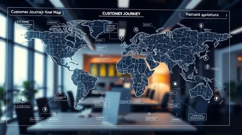 A photorealistic intricate customer journey map displayed on a sleek digital interface, showing various touchpoints and decision stages. Lines connect different customer segments to potential cross-sell opportunities, with data flowing seamlessly. Professional photography, 8K, cinematic lighting, sharp focus on the map, depth of field blurring a modern office setting, shot on a high-end DSLR.