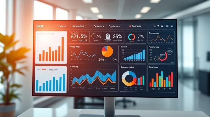 A photorealistic, sleek CRM dashboard displaying various sales metrics, customer profiles, and predictive analytics. Bright, clean UI with data visualizations like graphs and charts, indicating trends and opportunities. Cinematic lighting, sharp focus on the central dashboard elements, depth of field blurring a modern, minimalist office environment, 8K hyper-detailed.