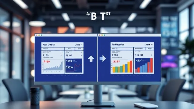 A photorealistic vibrant A/B testing dashboard, showing two distinct versions of a webpage or email campaign side-by-side with clear conversion rates and engagement metrics. Arrows indicate which version performed better, highlighting data-driven optimization. Cinematic lighting, sharp focus on the comparison, depth of field blurring a modern tech office, 8K hyper-detailed.