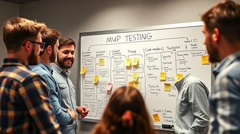 A photorealistic image of a team of diverse entrepreneurs huddled around a whiteboard covered with sticky notes and flowcharts, illustrating an MVP testing cycle, with data points and user feedback, cinematic lighting, sharp focus on the whiteboard, depth of field blurring the background, 8K hyper-detailed. A photorealistic image of a team of diverse entrepreneurs huddled around a whiteboard covered with sticky notes and flowcharts, illustrating an MVP testing cycle, with data points and user feedback, cinematic lighting, sharp focus on the whiteboard, depth of field blurring the background, 8K hyper-detailed.
