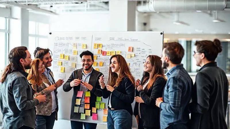 A photorealistic image of a group of diverse professionals in a modern, brightly lit open-plan office, gathered around a whiteboard covered with ideas and flowcharts. They are actively collaborating, smiling, and using sticky notes, conveying an atmosphere of open communication, trust, and creative experimentation. 8K, cinematic lighting, sharp focus on the group, depth of field, shot on a high-end DSLR. A photorealistic image of a group of diverse professionals in a modern, brightly lit open-plan office, gathered around a whiteboard covered with ideas and flowcharts. They are actively collaborating, smiling, and using sticky notes, conveying an atmosphere of open communication, trust, and creative experimentation. 8K, cinematic lighting, sharp focus on the group, depth of field, shot on a high-end DSLR.