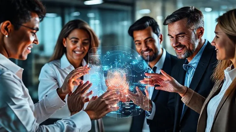 A photorealistic image of a diverse team of professionals collaboratively interacting with a translucent, glowing holographic interface that displays complex data and AI models. Their hands are gesturing over the display, and their faces show engagement and strategic thought, symbolizing seamless human-AI teamwork. 8K, cinematic lighting, sharp focus on the team and interface, depth of field, shot on a high-end DSLR. A photorealistic image of a diverse team of professionals collaboratively interacting with a translucent, glowing holographic interface that displays complex data and AI models. Their hands are gesturing over the display, and their faces show engagement and strategic thought, symbolizing seamless human-AI teamwork. 8K, cinematic lighting, sharp focus on the team and interface, depth of field, shot on a high-end DSLR.