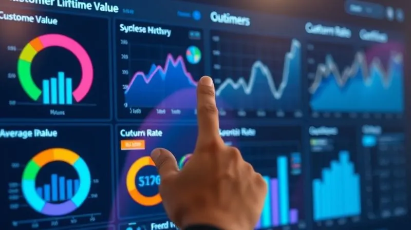 A photorealistic image of a complex data dashboard displaying various business metrics like customer lifetime value, average order value, and churn rate, with specific sections highlighted for decline. The dashboard is clean, modern, and in sharp focus, with a hand pointing to a declining trend line. Professional photography, 8K, cinematic lighting, depth of field, shot on a high-end DSLR.