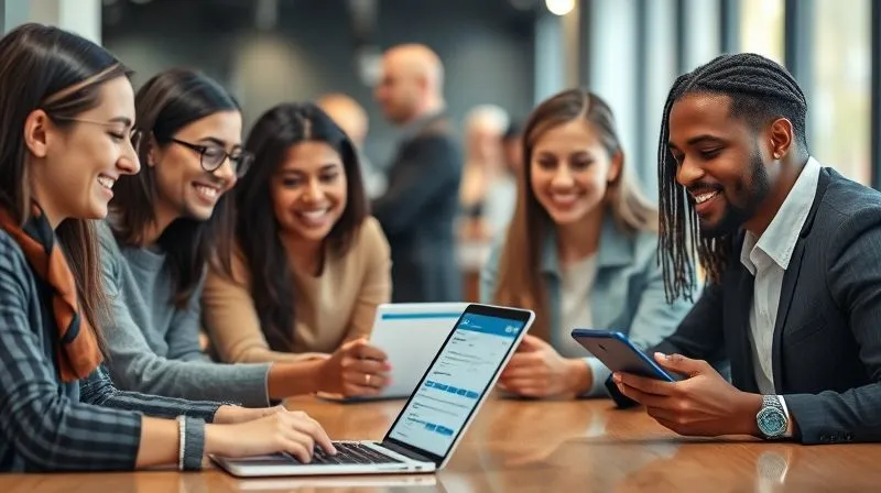 A photorealistic image depicting a seamless customer journey. A diverse group of smiling, engaged individuals interacting with a clean, modern interface on various devices (laptop, tablet, phone), representing different touchpoints. The background is blurred, suggesting efficient processes and positive outcomes. Professional photography, 8K, cinematic lighting, sharp focus on the interactions, depth of field, shot on a high-end DSLR.