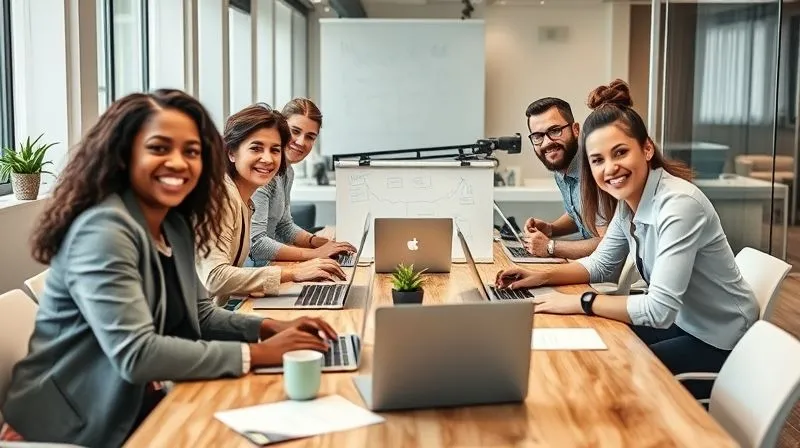 A photorealistic image of a diverse and collaborative business team, smiling and working together around a modern meeting table with laptops and whiteboards. The atmosphere is positive and energetic, symbolizing synergy and shared goals. Professional photography, 8K, cinematic lighting, sharp focus on the team, depth of field, shot on a high-end DSLR.