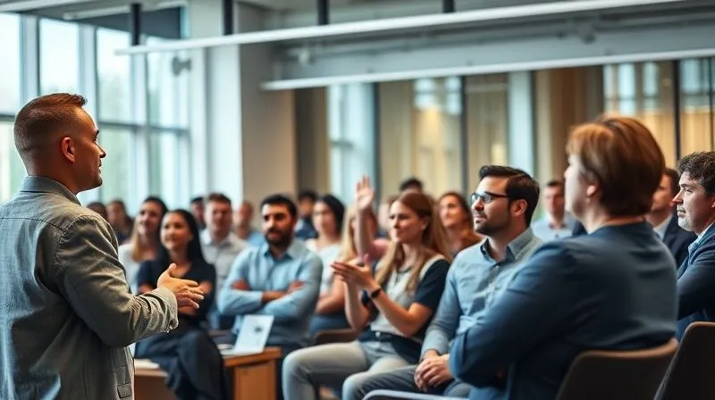 Photorealistic, professional photography, 8K, cinematic lighting, sharp focus, depth of field. A diverse group of employees in a modern office space, actively engaged in a town hall meeting. The speaker on stage is making eye contact and using open gestures, while team members in the audience are listening intently, some raising hands for questions. The atmosphere is one of transparent dialogue and active participation, shot on a high-end DSLR. Photorealistic, professional photography, 8K, cinematic lighting, sharp focus, depth of field. A diverse group of employees in a modern office space, actively engaged in a town hall meeting. The speaker on stage is making eye contact and using open gestures, while team members in the audience are listening intently, some raising hands for questions. The atmosphere is one of transparent dialogue and active participation, shot on a high-end DSLR.