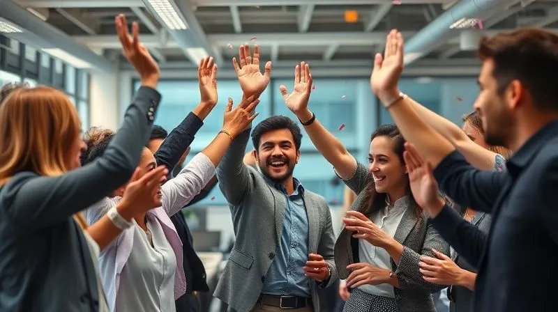 Photorealistic, professional photography, 8K, cinematic lighting, sharp focus, depth of field. A diverse team of professionals cheering and high-fiving in a modern office, celebrating a small project milestone. Confetti subtly falling, with a focus on genuine smiles and camaraderie. The background shows a collaborative workspace. Shot on a high-end DSLR. Photorealistic, professional photography, 8K, cinematic lighting, sharp focus, depth of field. A diverse team of professionals cheering and high-fiving in a modern office, celebrating a small project milestone. Confetti subtly falling, with a focus on genuine smiles and camaraderie. The background shows a collaborative workspace. Shot on a high-end DSLR.