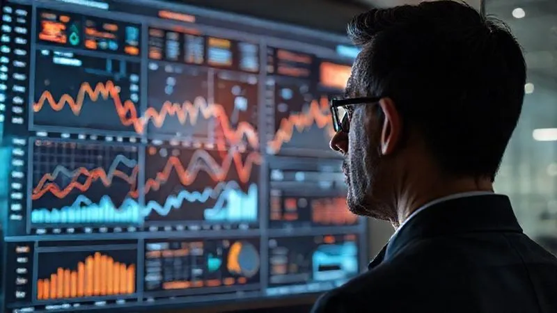A photorealistic 3D holographic projection of a complex market analysis dashboard, displaying interconnected data points, trend lines, and competitor activity, with a focused business professional observing it. Professional photography, 8K, cinematic lighting, sharp focus, depth of field, shot on a high-end DSLR.