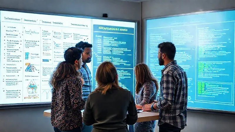 A photorealistic image of a diverse agile development team collaborating intensely around a large digital whiteboard displaying user stories, code snippets, and AI model architecture, with a sense of urgency and creative problem-solving. Professional photography, 8K, cinematic lighting, sharp focus on the team, depth of field blurring the background, shot on a high-end DSLR.