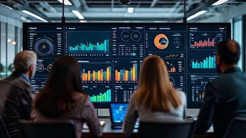 A photorealistic image of a sophisticated data analytics dashboard displaying various KPIs related to business performance and AI model efficacy, with real-time graphs and charts, being observed by a diverse team in a modern office. Professional photography, 8K, cinematic lighting, sharp focus on the dashboard, depth of field blurring the background, shot on a high-end DSLR.