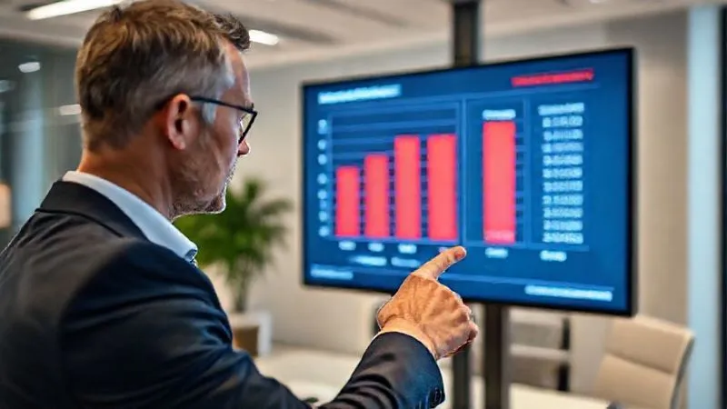 A photorealistic image of a business executive pointing at a large digital screen displaying a bar chart comparing 'Actual' vs 'Budgeted' financial figures, with significant red bars indicating negative variances. The executive's expression is focused, and the setting is a modern, clean office. Professional photography, 8K, cinematic lighting, sharp focus on the screen and executive, depth of field blurring the background, shot on a high-end DSLR. A photorealistic image of a business executive pointing at a large digital screen displaying a bar chart comparing 'Actual' vs 'Budgeted' financial figures, with significant red bars indicating negative variances. The executive's expression is focused, and the setting is a modern, clean office. Professional photography, 8K, cinematic lighting, sharp focus on the screen and executive, depth of field blurring the background, shot on a high-end DSLR.