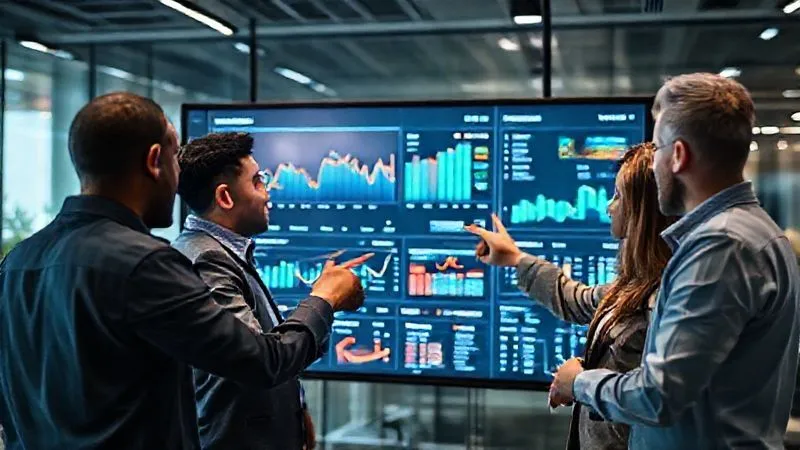 A photorealistic shot of a diverse business team collaborating around a large interactive digital screen displaying a sophisticated financial analytics dashboard. The screen shows real-time profit margin trends, cost breakdowns, and revenue streams, with key areas highlighted. The team members are engaged and pointing at specific data points. Professional photography, 8K, cinematic lighting, sharp focus on the screen and team, depth of field blurring the modern office background, shot on a high-end DSLR. A photorealistic shot of a diverse business team collaborating around a large interactive digital screen displaying a sophisticated financial analytics dashboard. The screen shows real-time profit margin trends, cost breakdowns, and revenue streams, with key areas highlighted. The team members are engaged and pointing at specific data points. Professional photography, 8K, cinematic lighting, sharp focus on the screen and team, depth of field blurring the modern office background, shot on a high-end DSLR.