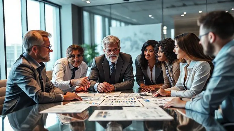 A photorealistic image of a diverse group of business professionals in a modern conference room, intensely discussing financial reports laid out on a table. One person, a seasoned mentor figure, is guiding the conversation, pointing to a specific chart with a thoughtful expression. The mood is collaborative and focused on problem-solving. Professional photography, 8K, cinematic lighting, sharp focus on the group and documents, depth of field blurring the background, shot on a high-end DSLR. A photorealistic image of a diverse group of business professionals in a modern conference room, intensely discussing financial reports laid out on a table. One person, a seasoned mentor figure, is guiding the conversation, pointing to a specific chart with a thoughtful expression. The mood is collaborative and focused on problem-solving. Professional photography, 8K, cinematic lighting, sharp focus on the group and documents, depth of field blurring the background, shot on a high-end DSLR.