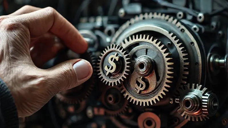 A photorealistic, professional photography, 8K, cinematic lighting, sharp focus, depth of field, shot on a high-end DSLR, of a hand carefully adjusting a complex, intertwined system of gears and levers, with dollar signs subtly integrated into the design, symbolizing the realignment of incentive and compensation structures in a B2B channel program for optimal performance.