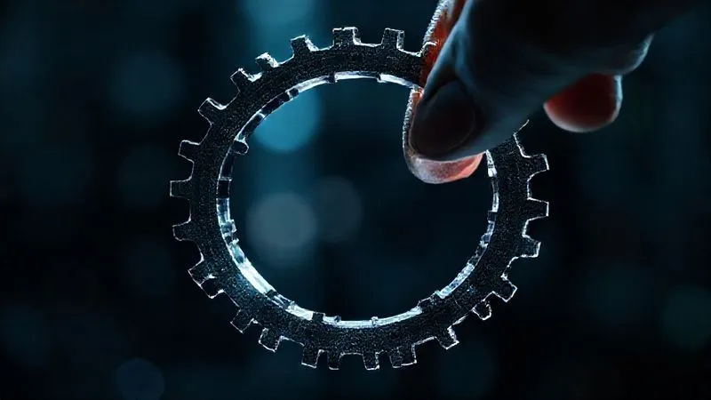 A photorealistic, professional photography, 8K, cinematic lighting, sharp focus, depth of field, shot on a high-end DSLR, of a continuous loop symbol (infinity sign) made of interconnected gears, with one gear being subtly adjusted by a hand, representing the iterative and continuous optimization process for a B2B channel program. The lighting highlights the smooth motion and interconnectedness.